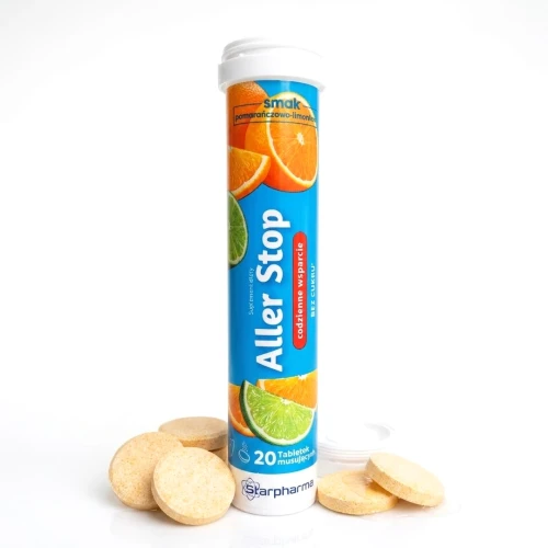 Aller Stop pomarańczowo limonkowy 20 szt. Starpharma TABLETKI MUSUJĄCE — opakowanie i zawartość produktu