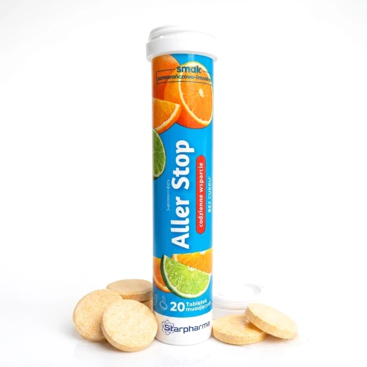 Aller Stop pomarańczowo limonkowy 20 szt. Starpharma TABLETKI MUSUJĄCE — opakowanie i zawartość produktu