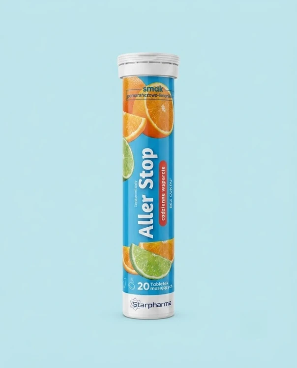 Aller Stop pomarańczowo limonkowy 20 szt. Starpharma TABLETKI MUSUJĄCE — opakowanie na tle w kolorze produktu
