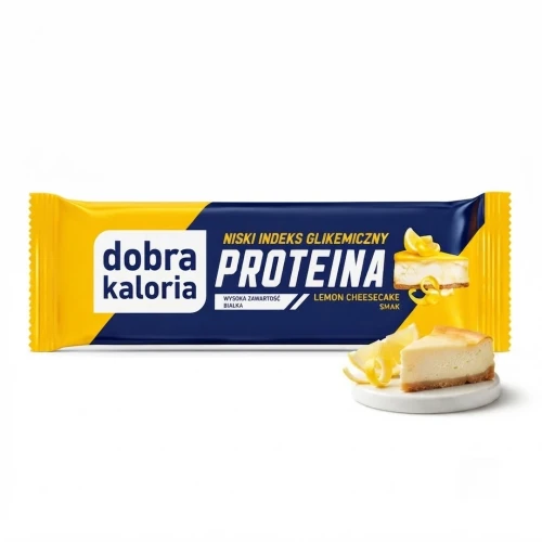 Baton proteina lemon cheesecake niski indeks glikemiczny  45g Dobra Kaloria — opakowanie i zawartość produktu