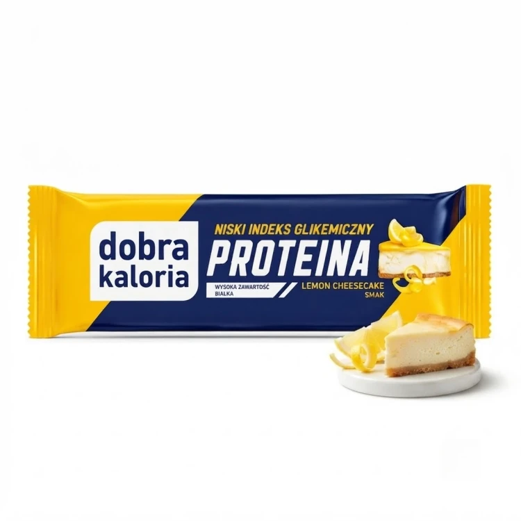 Baton proteina lemon cheesecake niski indeks glikemiczny  45g Dobra Kaloria — opakowanie i zawartość produktu