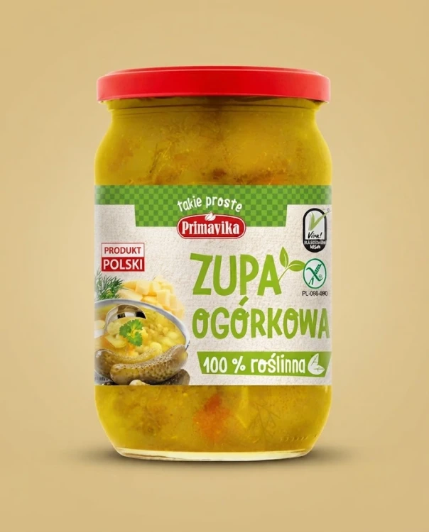 Bezglutenowa zupa ogórkowa 740g Primavika — opakowanie na tle w kolorze produktu