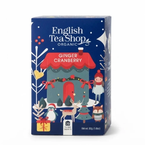 Świąteczna herbata Ginger cranberry EKO English Tea Shop — opakowanie, zdjęcie studyjne