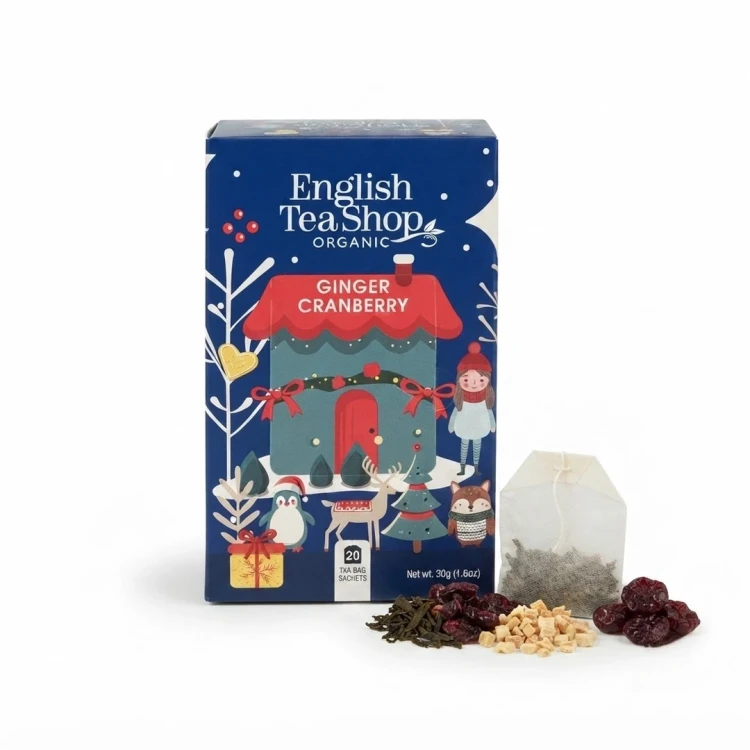 Świąteczna herbata Ginger cranberry EKO English Tea Shop — opakowanie i zawartość produktu