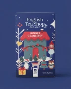 Świąteczna herbata Ginger cranberry EKO English Tea Shop — opakowanie na tle w kolorze produktu