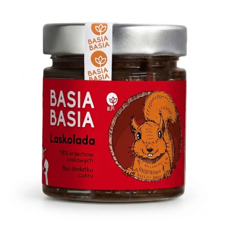 Krem orzech laskowy Laskolada Basia Basia 210g — opakowanie, zdjęcie studyjne