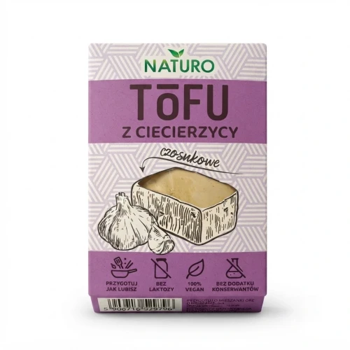 Tofu z ciecierzycy czosnkowe 200g Naturo — opakowanie, zdjęcie studyjne