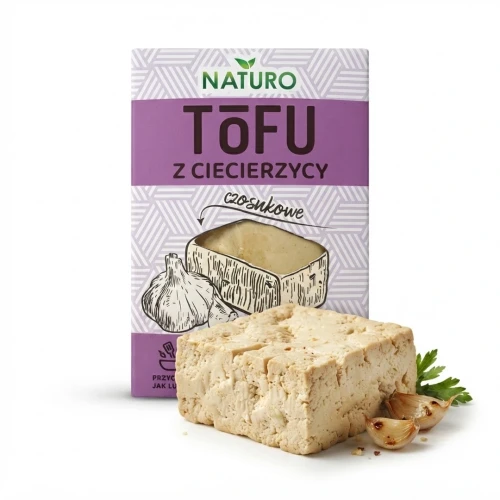 Tofu z ciecierzycy czosnkowe 200g Naturo — opakowanie i zawartość produktu