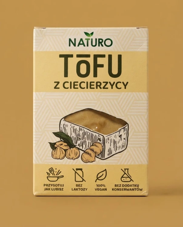 Tofu z ciecierzycy 200g Naturo — opakowanie na tle w kolorze produktu