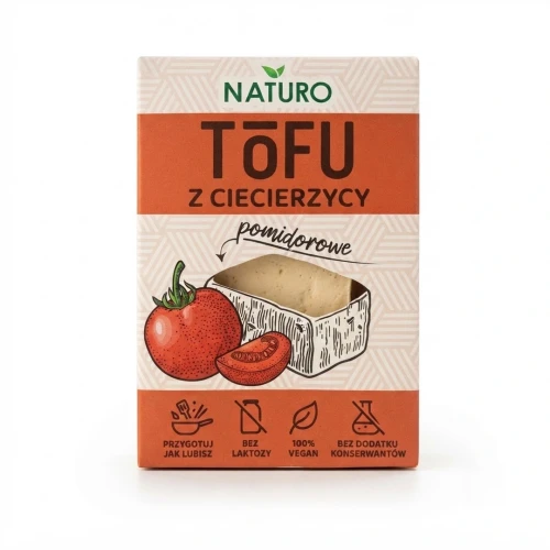 Tofu z ciecierzycy pomidorowe 200g Naturo — opakowanie, zdjęcie studyjne