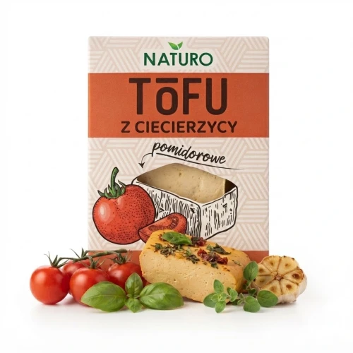Tofu z ciecierzycy pomidorowe 200g Naturo — opakowanie i zawartość produktu