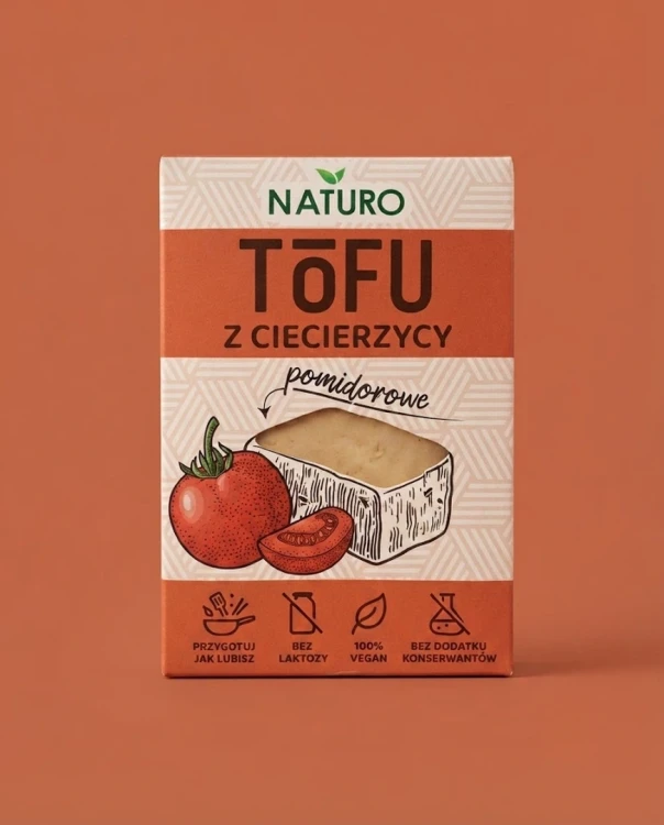 Tofu z ciecierzycy pomidorowe 200g Naturo — opakowanie na tle w kolorze produktu