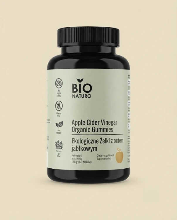 Ekologiczne żelki z octem jabłkowym 180g 60 szt. Diet food — opakowanie na tle w kolorze produktu