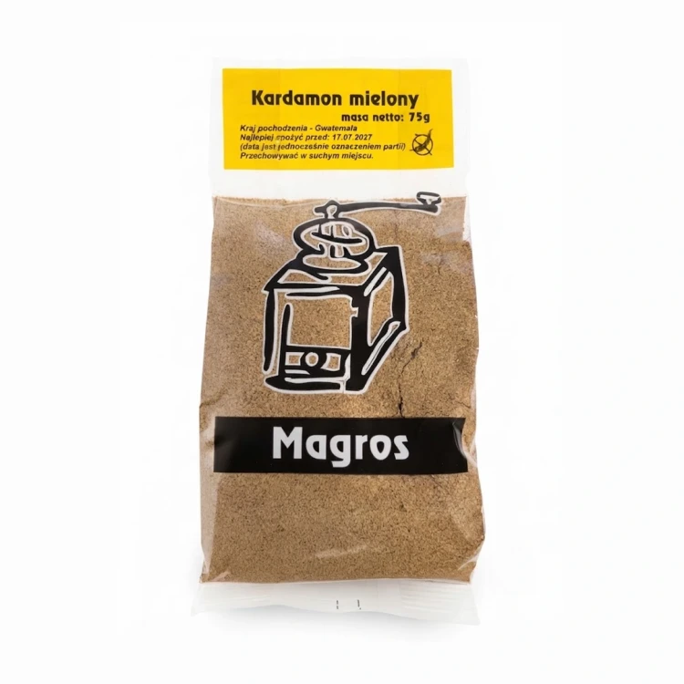Kardamon mielony 75g Magros — opakowanie, zdjęcie studyjne