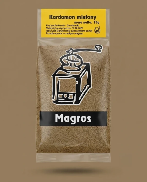 Kardamon mielony 75g Magros — opakowanie na tle w kolorze produktu