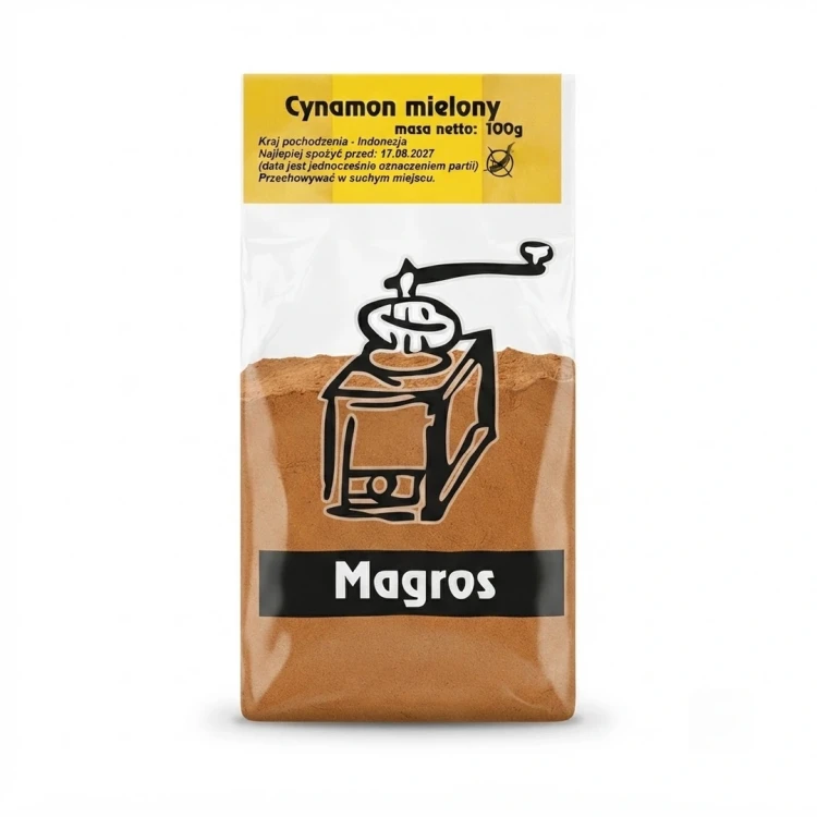 Cynamon mielony 100g Magros — opakowanie, zdjęcie studyjne