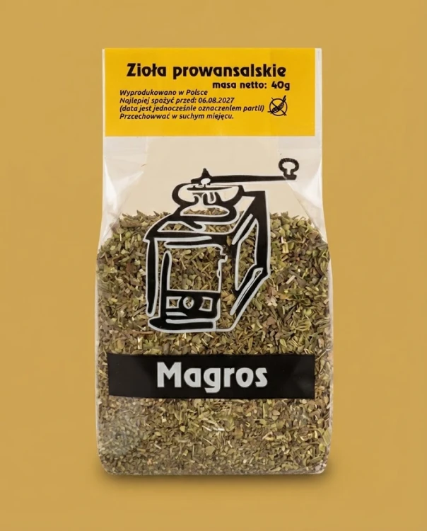 Zioła prowansalskie 40g Magros — opakowanie na tle w kolorze produktu