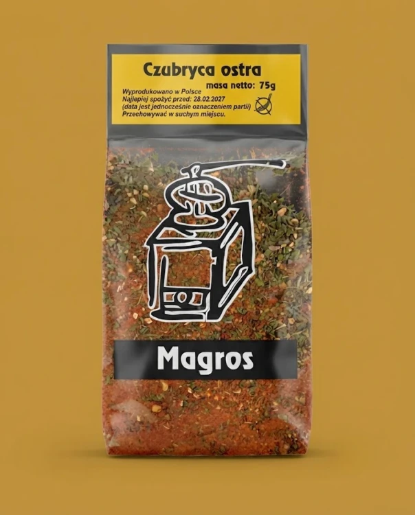 Czubryca ostra 75g Magros — opakowanie na tle w kolorze produktu
