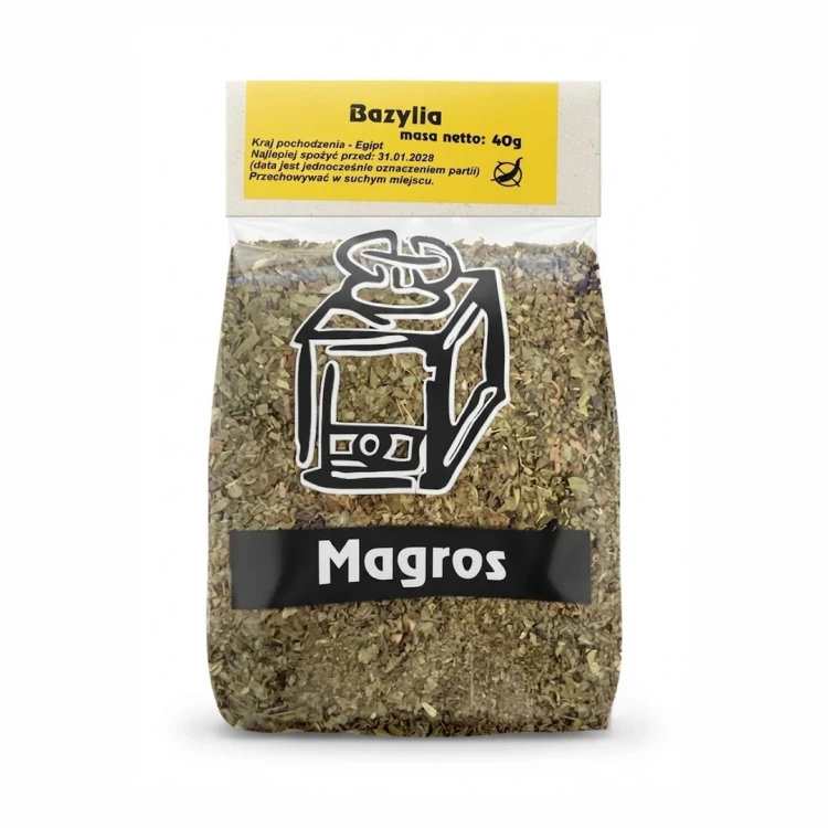 Bazylia 40g Magros — opakowanie, zdjęcie studyjne