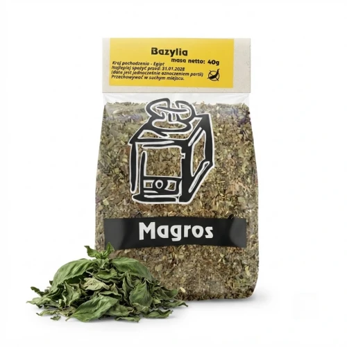 Bazylia 40g Magros — opakowanie i zawartość produktu