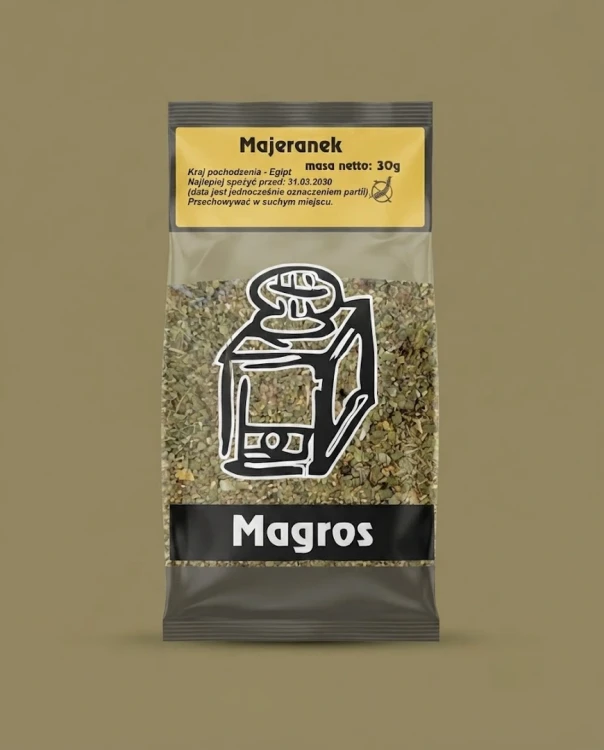 Majeranek 30g Magros — opakowanie na tle w kolorze produktu