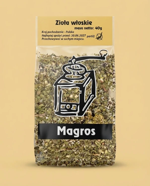 Zioła włoskie 40g — opakowanie na tle w kolorze produktu