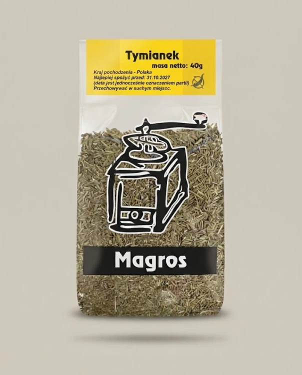 Tymianek 40g Magros — opakowanie na tle w kolorze produktu