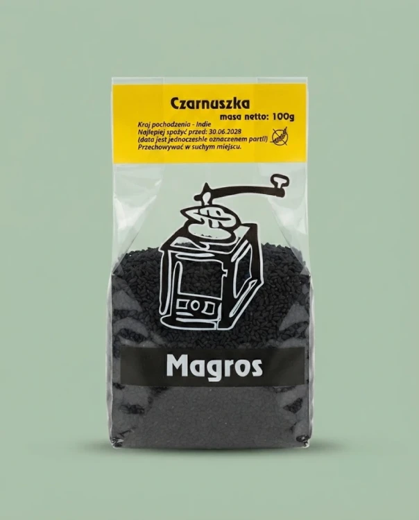 Czarnuszka 100g Magros — opakowanie na tle w kolorze produktu