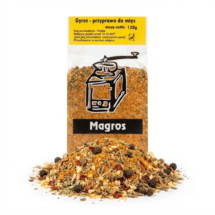 BEZGLUTENOWA Gyros przyprawa do mięs 120g Magros — opakowanie i zawartość produktu