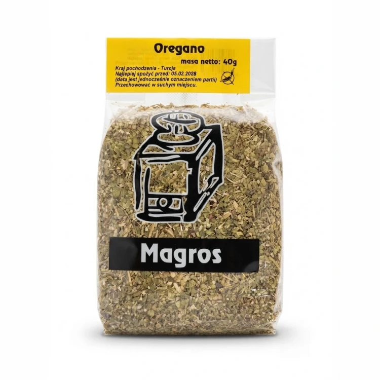 BEZGLUTENOWA Oregano przyprawa 40g Magros — opakowanie, zdjęcie studyjne