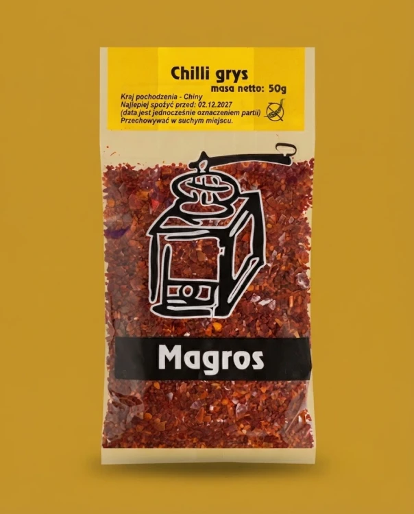 Chilli grys Magros — opakowanie na tle w kolorze produktu