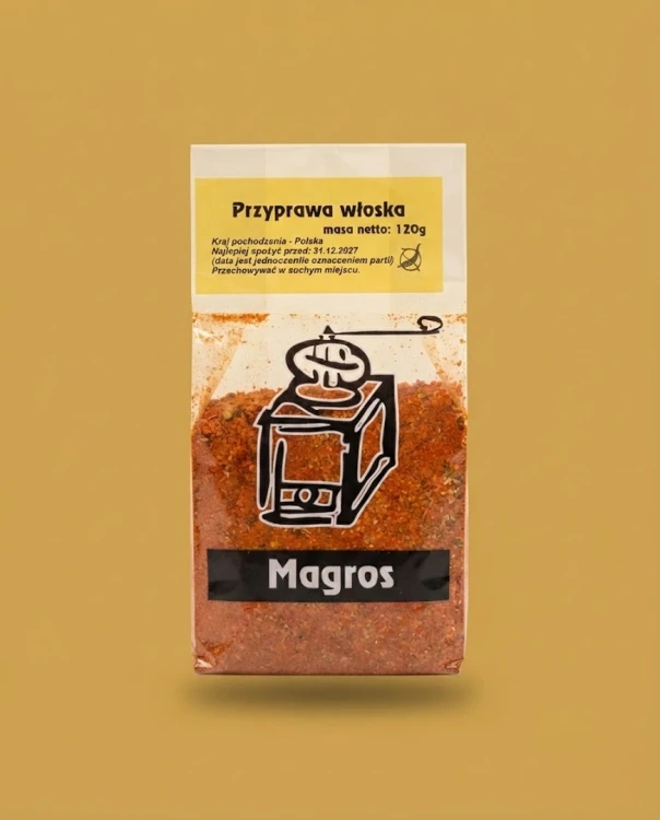 Przyprawa włoska 120g Magros — opakowanie na tle w kolorze produktu