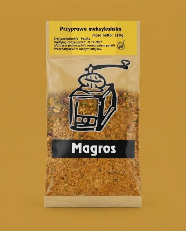 Przyprawa meksykańska 120 g Magros — opakowanie na tle w kolorze produktu