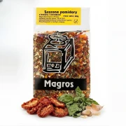 BEZGLUTENOWE Suszone pomidory z bazylią i czosnkiem 60g Magros — opakowanie i zawartość produktu