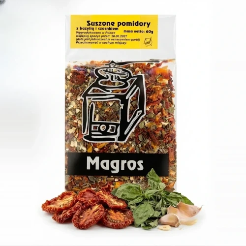 BEZGLUTENOWE Suszone pomidory z bazylią i czosnkiem 60g Magros — opakowanie i zawartość produktu