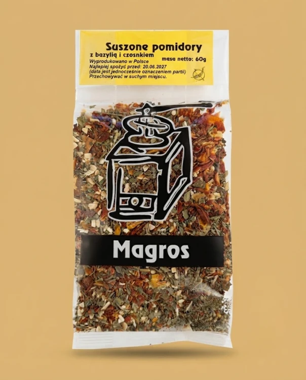 BEZGLUTENOWE Suszone pomidory z bazylią i czosnkiem 60g Magros — opakowanie na tle w kolorze produktu