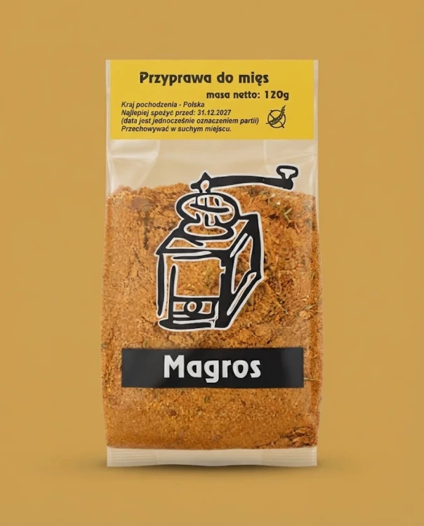 Przyprawa do mięs 120g Magros — opakowanie na tle w kolorze produktu