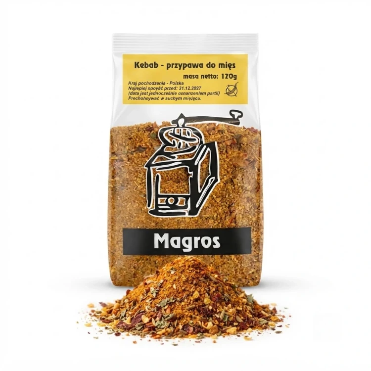 Kebab - przyprawa do mięs 120g Magros — opakowanie i zawartość produktu