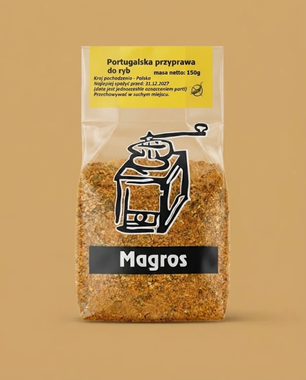 Portugalska przyprawa do ryb 150g Magros — opakowanie na tle w kolorze produktu