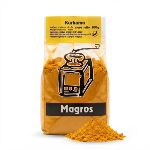 Kurkuma 100g Magros — opakowanie i zawartość produktu