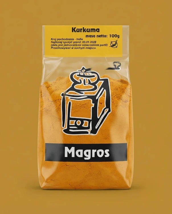 Kurkuma 100g Magros — opakowanie na tle w kolorze produktu