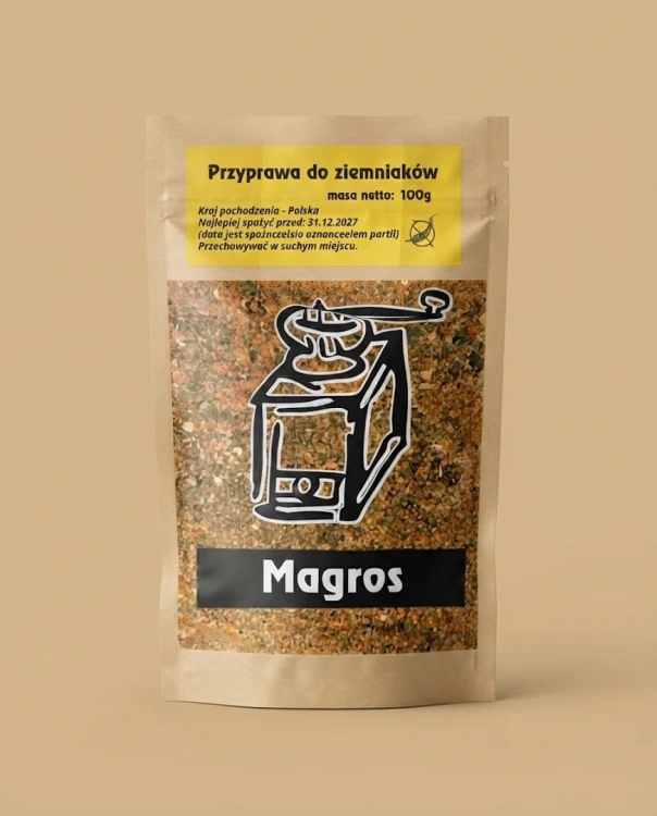 Przyprawa do ziemniaków 100g Magros — opakowanie na tle w kolorze produktu