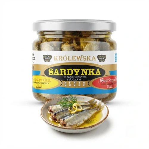 Królewska sardynka w sosie własnym z dodatkiem oleju  280g — opakowanie i zawartość produktu