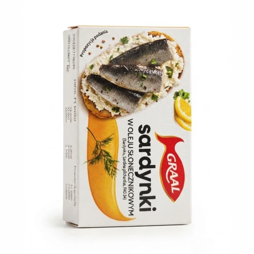 Sardynki w oleju słonecznikowym 125g Graal — opakowanie, zdjęcie studyjne