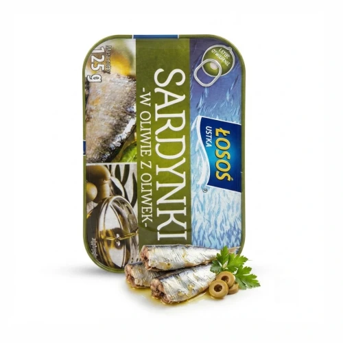 Sardynki w oliwie z oliwek 125g Łosoś Ustka — opakowanie, zdjęcie studyjne