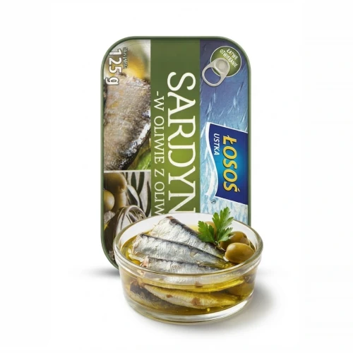 Sardynki w oliwie z oliwek 125g Łosoś Ustka — opakowanie i zawartość produktu