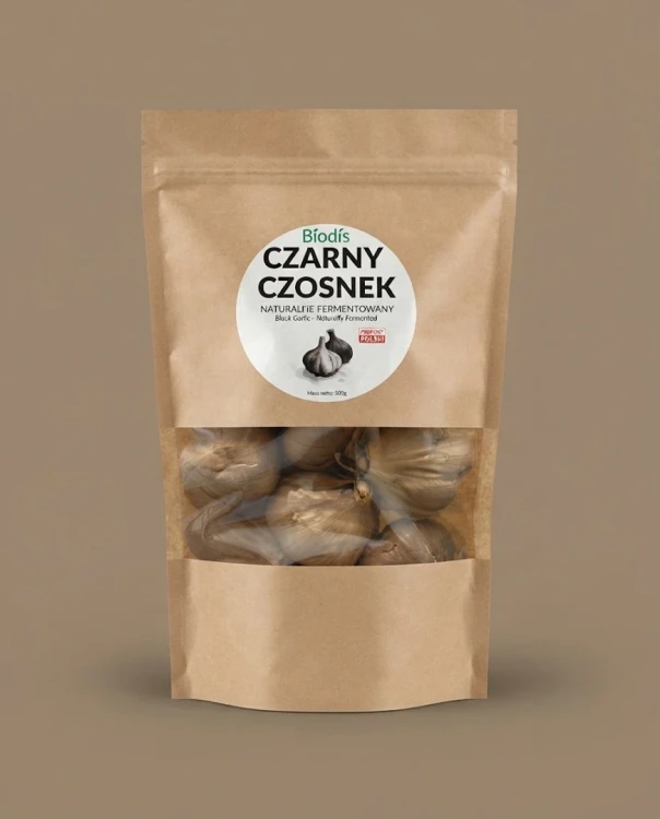 Czarny czosnek 500g Bíodís — opakowanie na tle w kolorze produktu