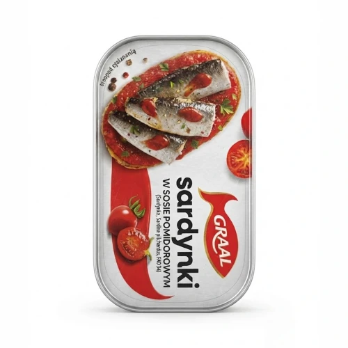Sardynki w sosie pomidorowym 125 Graal — opakowanie, zdjęcie studyjne