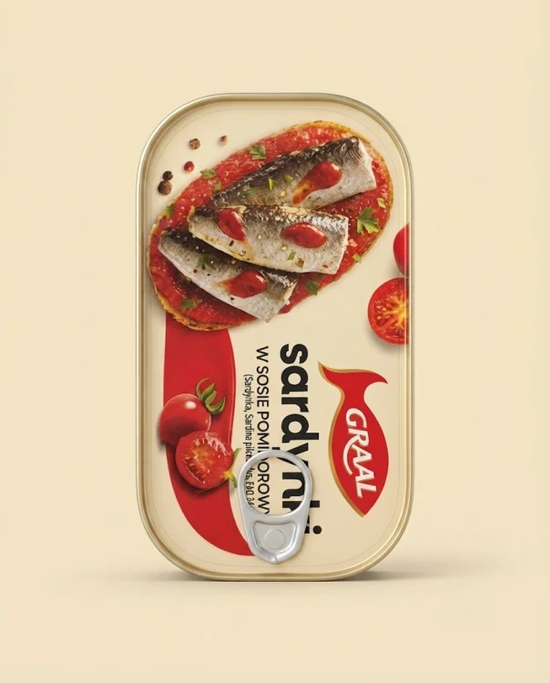 Sardynki w sosie pomidorowym 125 Graal — opakowanie na tle w kolorze produktu