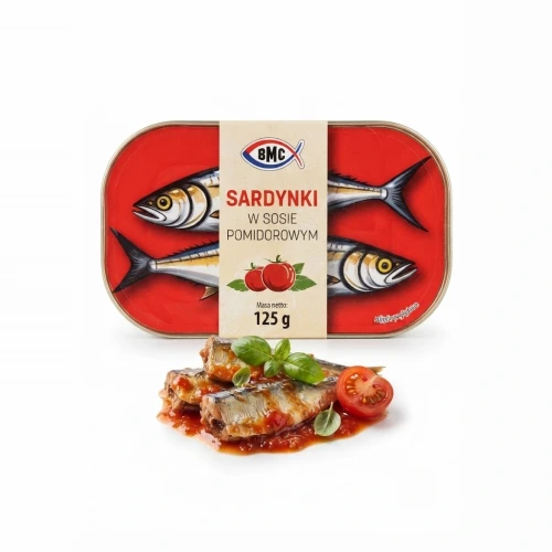 Sardynki w sosie pomidorowym 125g BMC — opakowanie i zawartość produktu